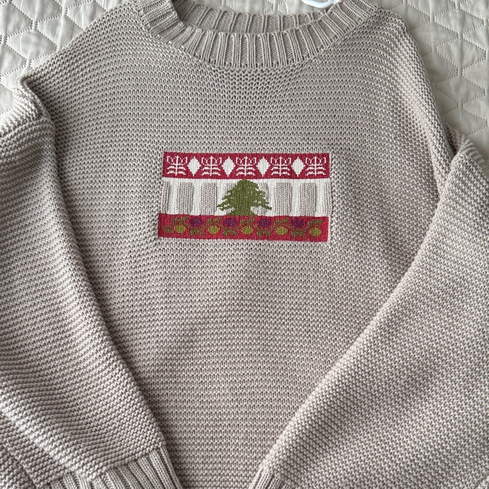 Cozy Beige Knit Sweater with Festive Design